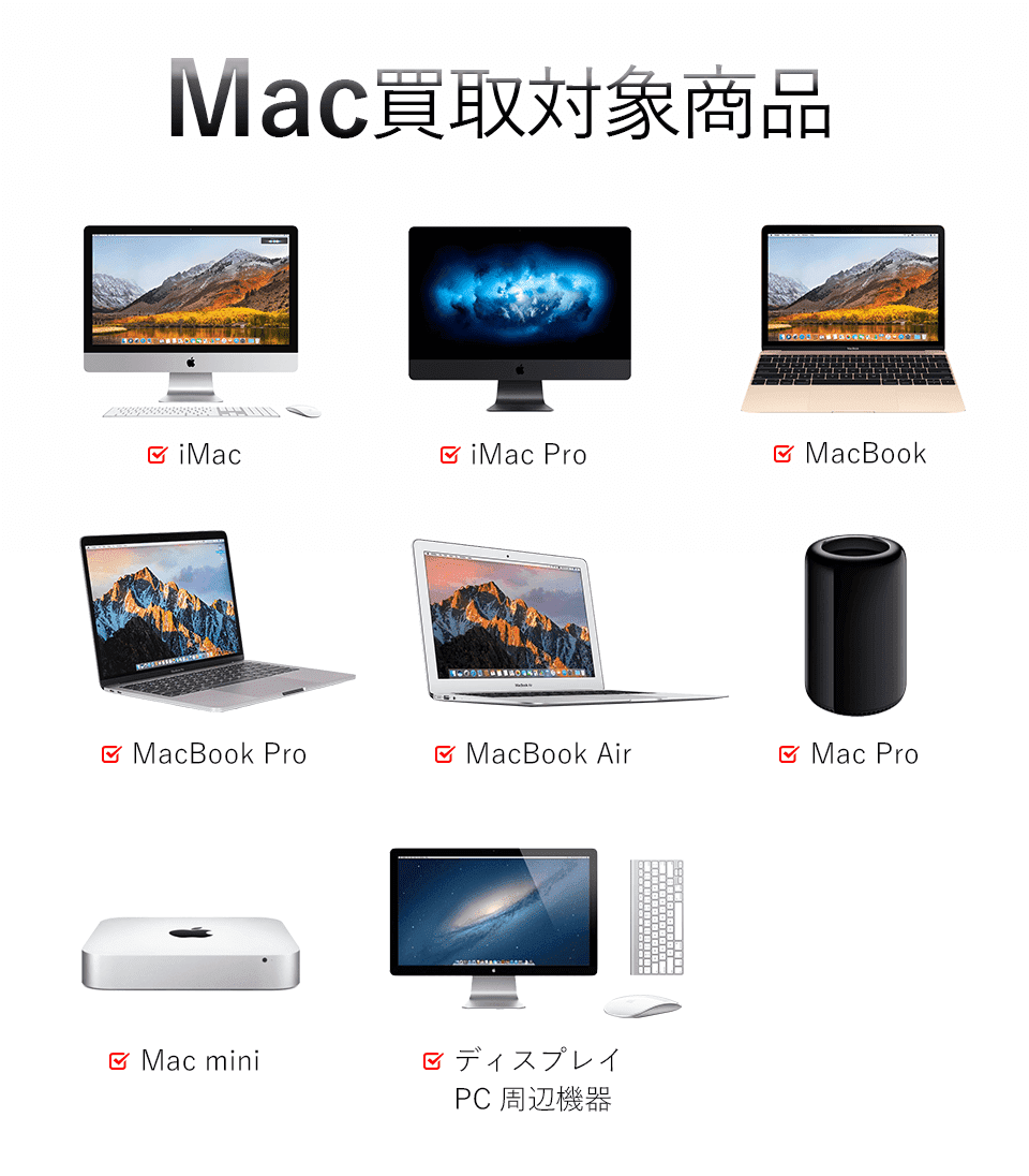 Mac買取対象商品。当店では以下のMacを買取しております。