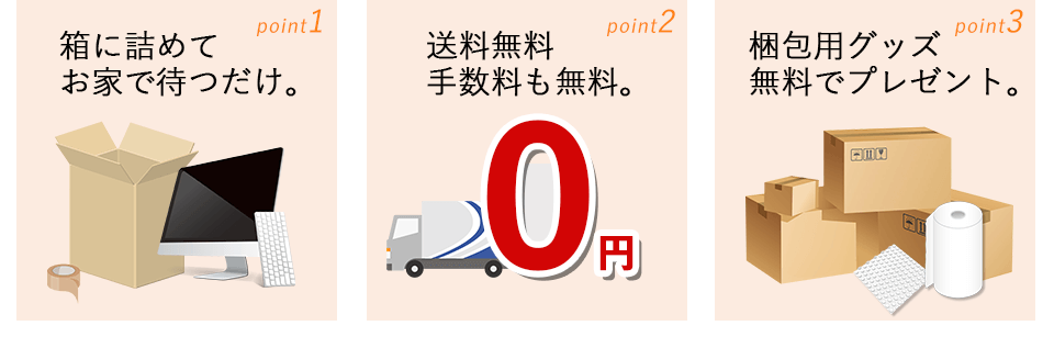 1、箱に詰めてお家で待つだけ。2、送料無料・手数料も無料。3、梱包用グッズ、無料でプレゼント。