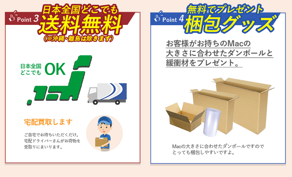 point3-日本全国どこでも送料無料。※沖縄・離島は除きます。当店は宅配買取を行なっているため、ご自宅でお待ちいただくだけで大丈夫です。宅配ドライバーさんがお荷物を受け取りにまいります。point4-梱包グッズを無料でプレゼント！お客様がお持ちのMacの大きさに合わせたダンボールと緩衝材をプレゼント。Macの大きさに合わせたダンボールですのでとっても梱包しやすいですよ。