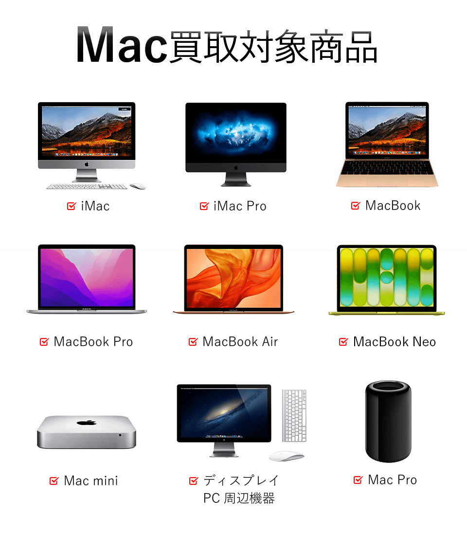 Mac買取対象商品。当店では以下のMacを買取しております。