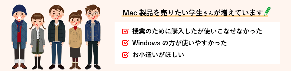 Mac製品を売りたい学生さんが増えています。Macを授業のために購入したが使いこなせなかった。Windowsの方が使いやすかった。お小遣いがほしい。